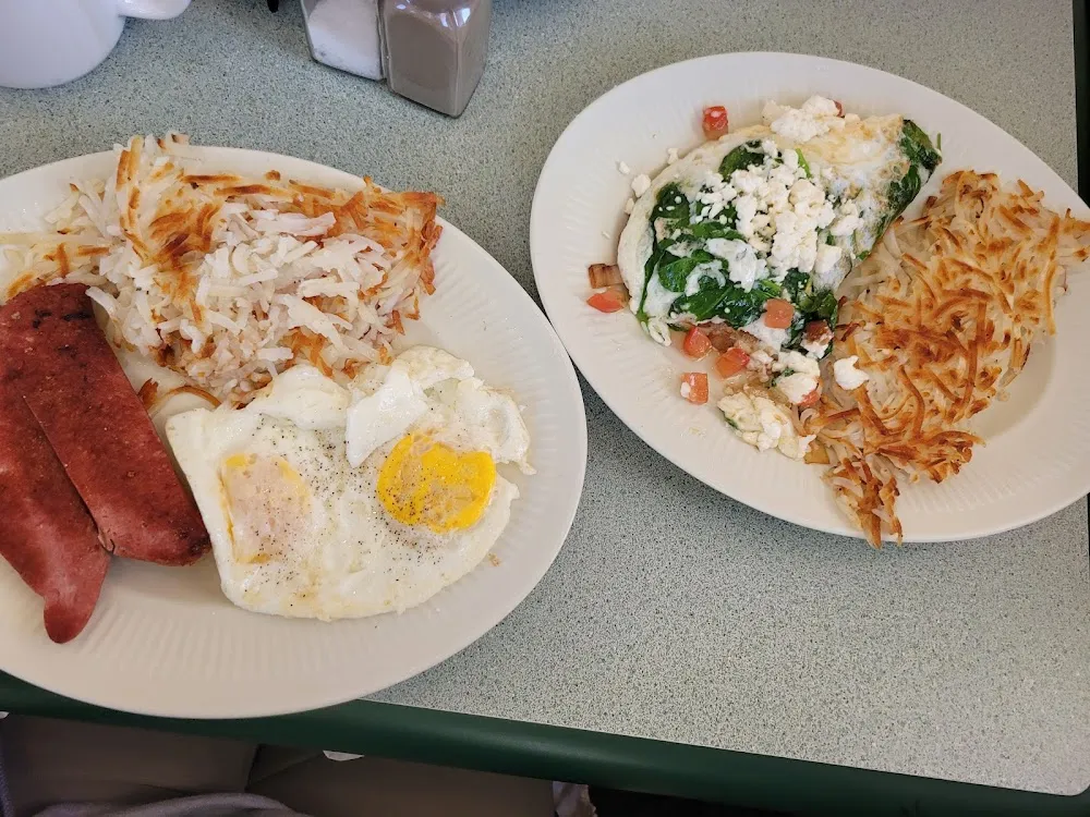 Greek Omlette and Two Egg Breakfast with Reindeer Sausage